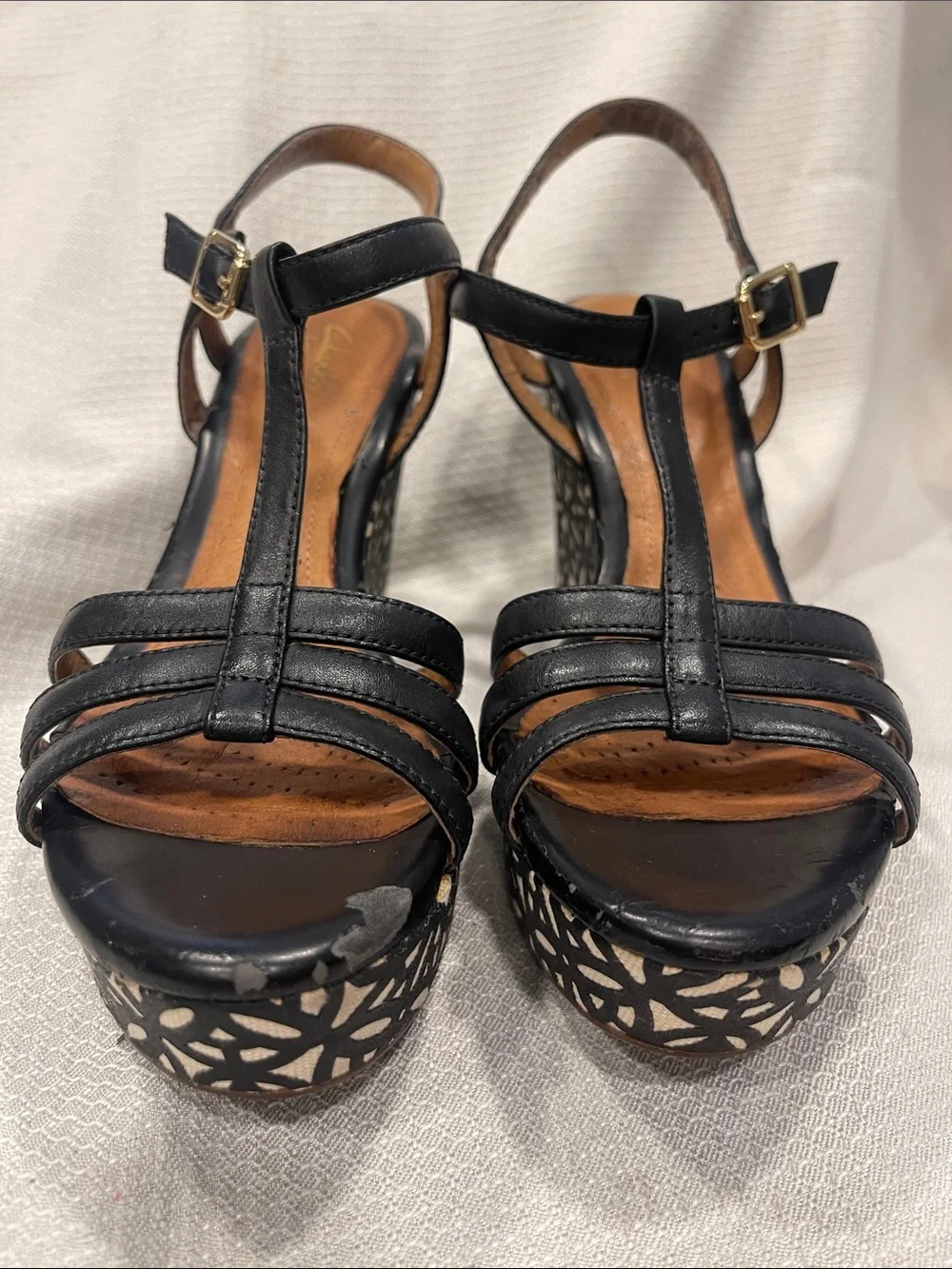 Clarks Artisan Amelia Avery Black Leather Patterned Wedge Sandals 7.5